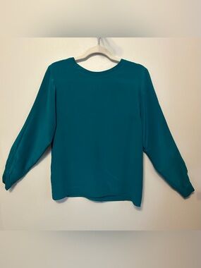 Oscar de la Renta Expressions Teal Long Sleeve Silk Blouse Vintage Luxury